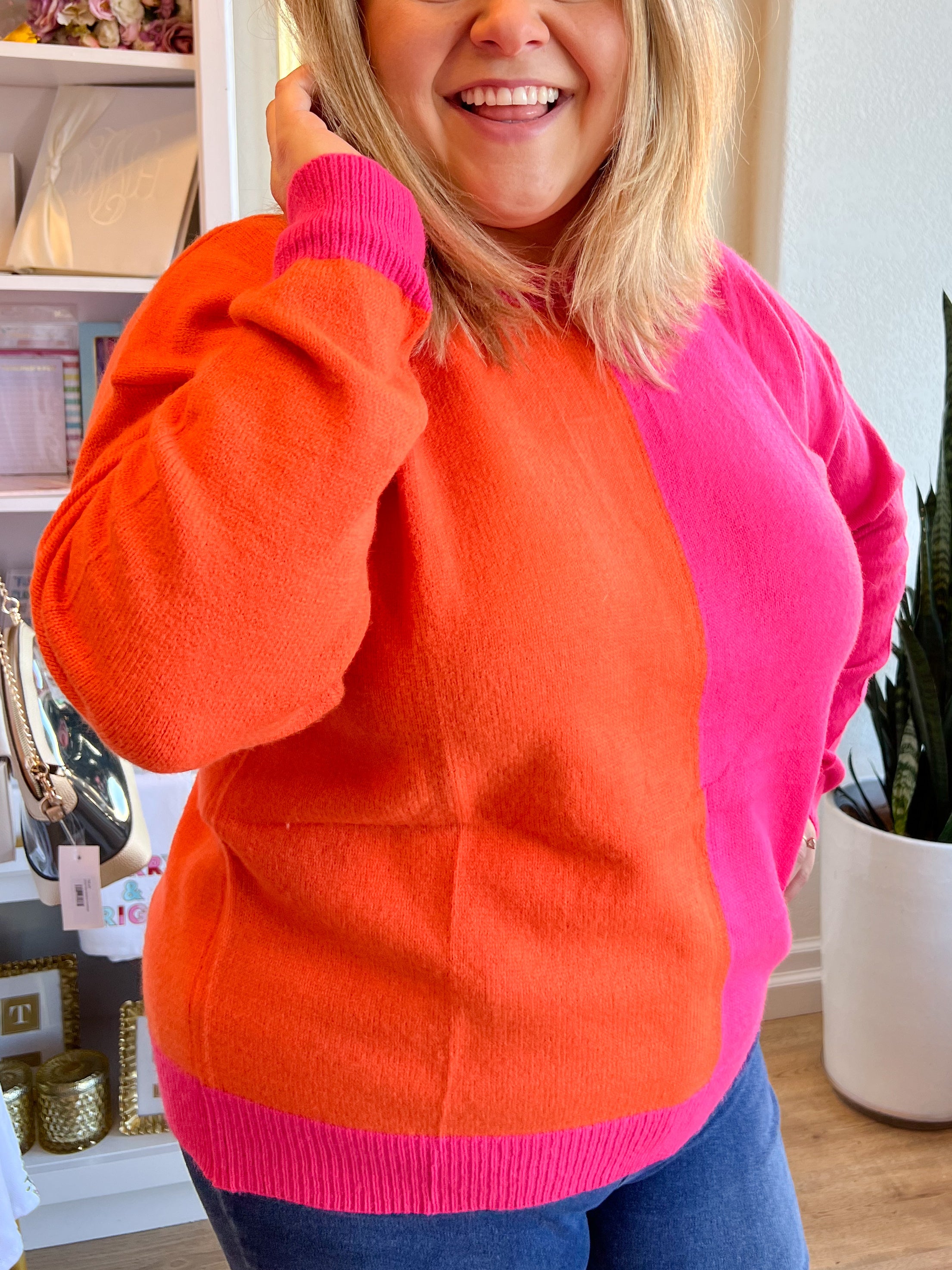 Pink and red shop colorblock sweater